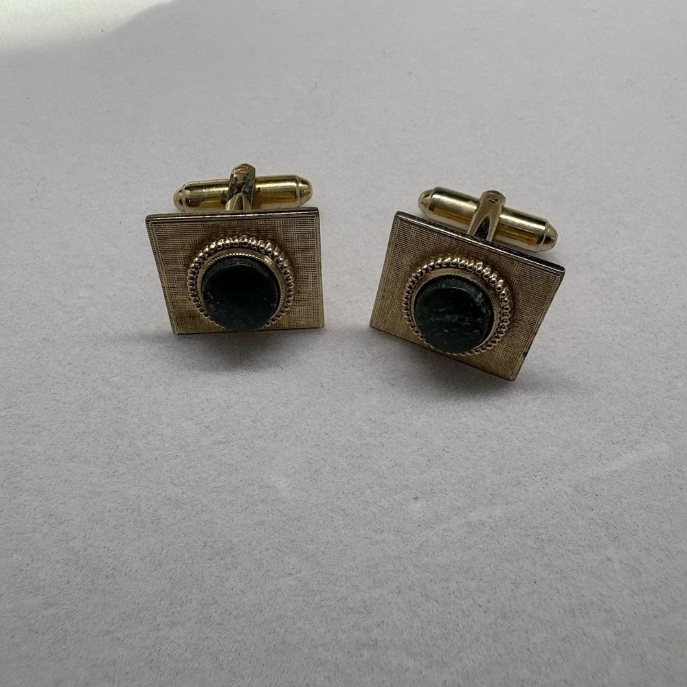 Vintage Gold With Green‎ Rhinestone Cufflinks
